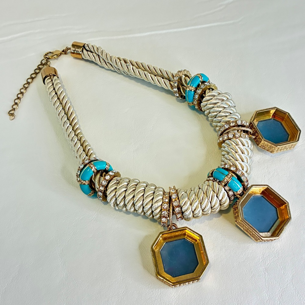 Chunky Statement Rope Necklace Rhinestone Faceted Mirror Pendants Gold Tone - Picture 4 of 16